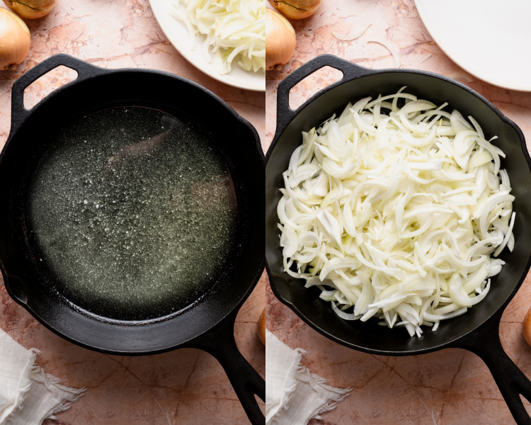 Side-by-side image of melting the butter and olive oil in a pan then adding the sliced onions.