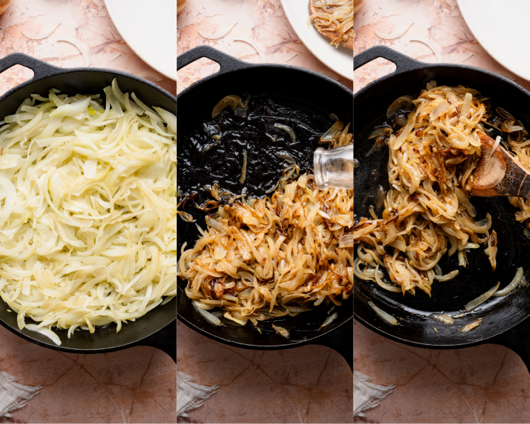 Three images side-by-side showing how to cook the onion and deglazing the pan with a little water and scrapping up the fond.