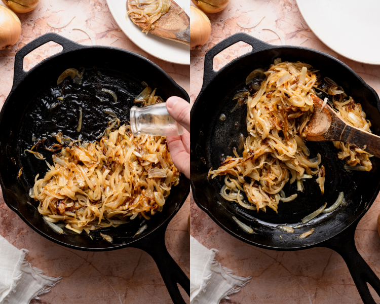 Side-by-side image of adding a little water to deglazed the pan and stirring the onions to scrape up the fond.