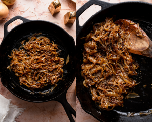 Side-by-side image of continuing to cook and stir and onions until they become jammy and sweet.
