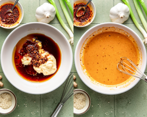Side-by-side image of mixing together the chili crisp sauce.