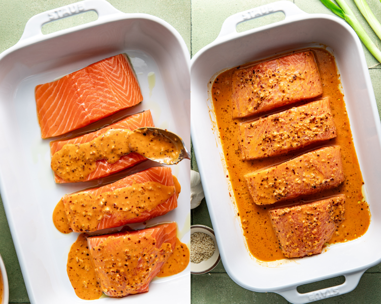 Side-by-side images of adding the chili crisp salmon to the salmon fillets before baking.