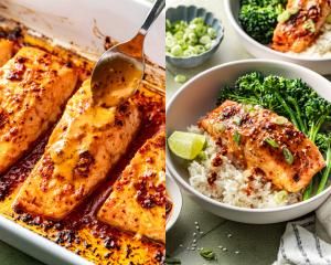 Side-by-side images showing adding more chili crisp sauce to the cooked salmon then serving it in a bowl with rice and vegetables.