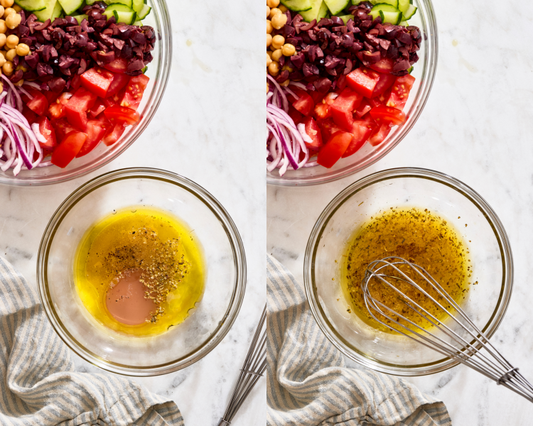 Dressing ingredients placed in small mixing bowl then whisked together before adding to the salad.
