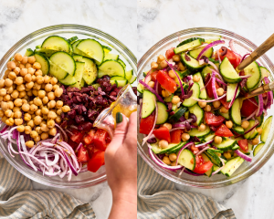 Side-by-side image of pouring dressing on the salad and gently tossing to mix.