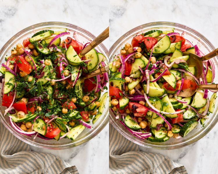 Side-by-side image of adding fresh herbs to cucumber tomato salad and tossing to combine.