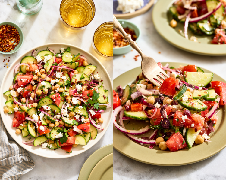 Side-by-side image of tomato cucumber salad tossed on large serving plate then served on a smaller green plate with fork picking up a bite of salad.