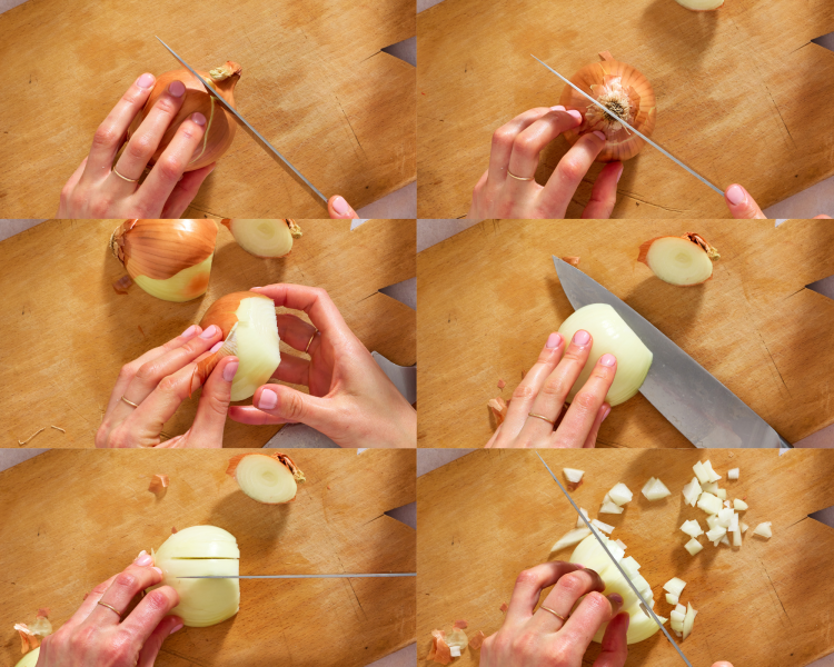 Six images showing how to dice an onion.