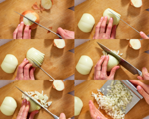 Six images showing how to easily dice an onion.
