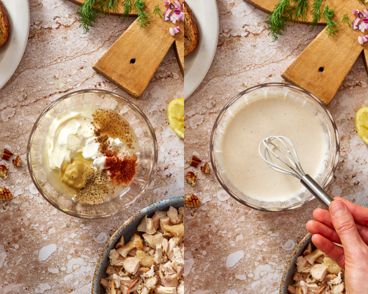Side-by-side images of whisking together the dressing ingredients for chicken salad.