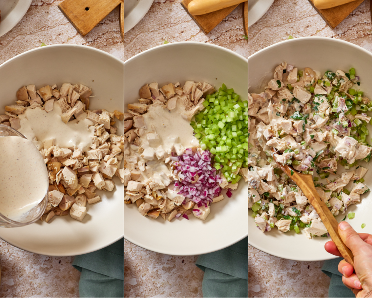 Three images side-by-side showing how to mix together the ingredients for chicken salad.