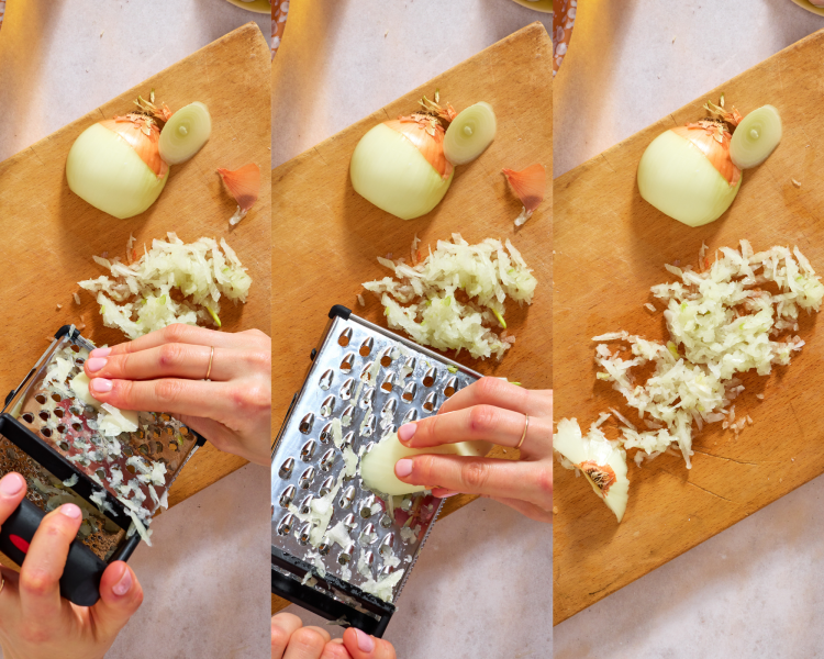 Three images showing how to grate an onion using a box grater.