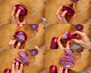 Six images showing how to cut an onion into half moons.
