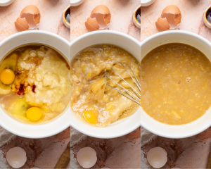Three images side-by-side showing how to mix the wet ingreidents.