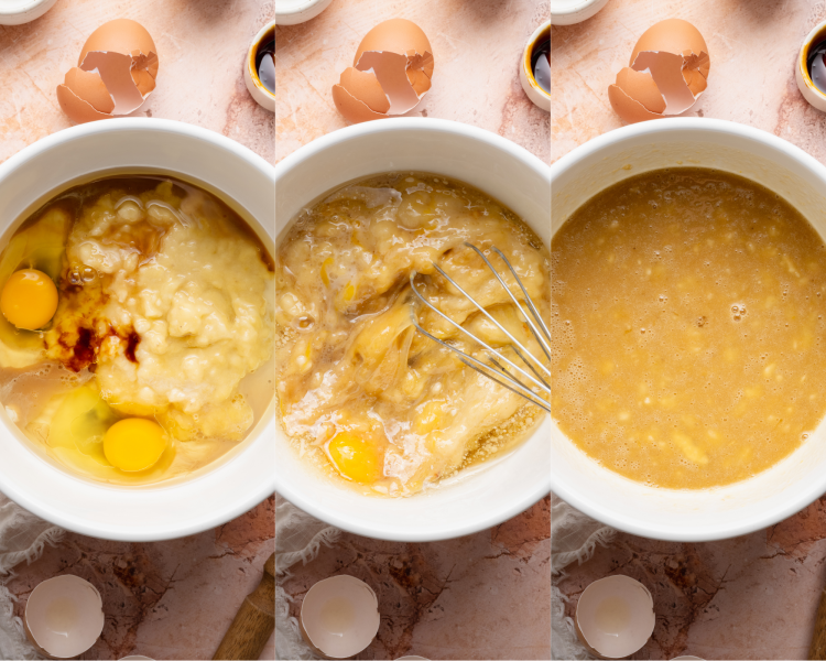 Three images side-by-side showing how to mix the wet ingreidents.