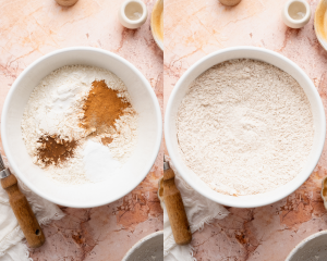 Side-by-side image of whisking all the dry ingredients together in a separate bowl.
