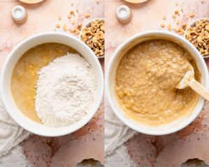 Side-by-side image of combining the wet and dry ingredients.
