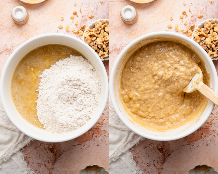 Side-by-side image of combining the wet and dry ingredients.