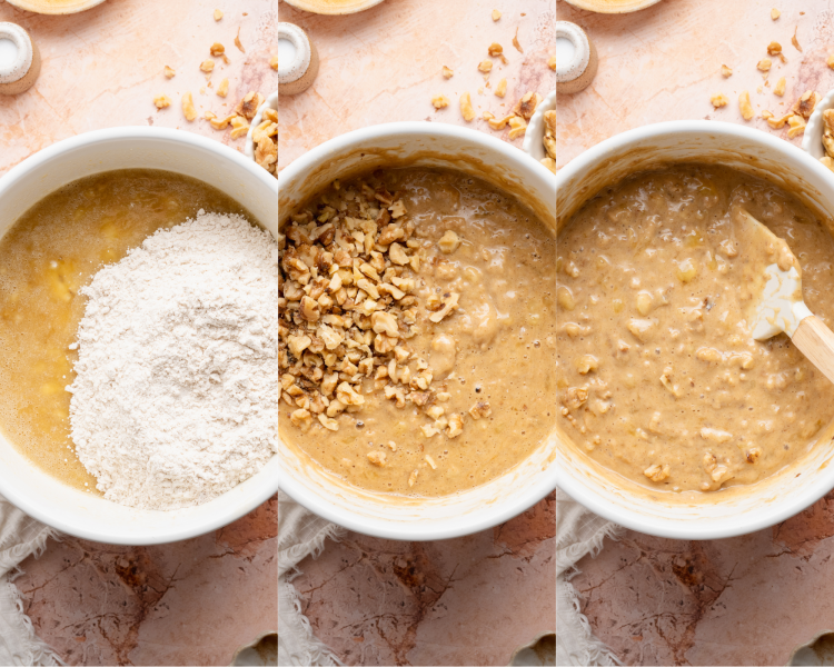 Three images side-by-showing combing the wet and dry ingredients then adding the mix-ins.