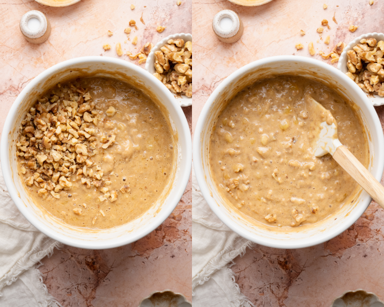 Side-by-side image of adding the walnuts (or mix-ins) to the batter and gently folding to combine.