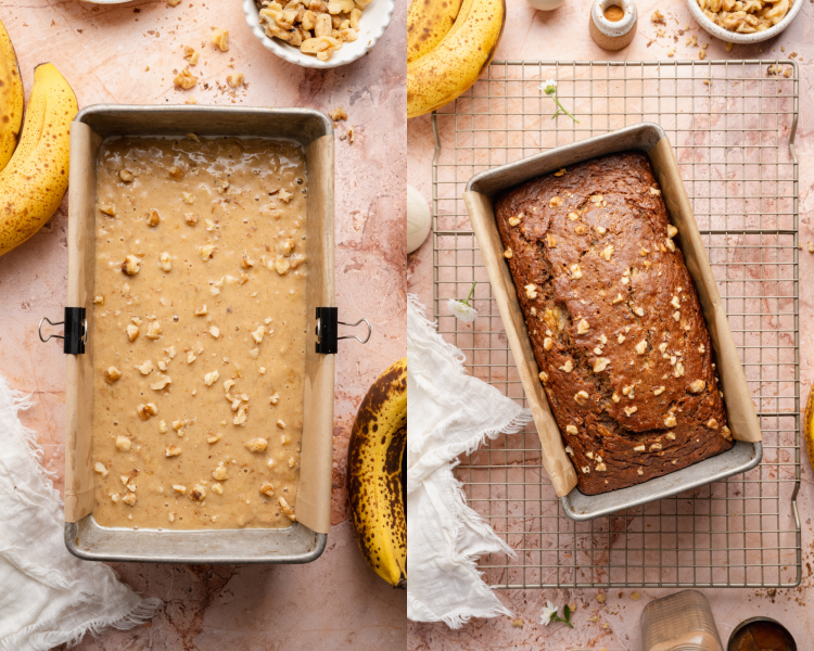 Side-by-side of pouring the banana bread batter into the lined loaf pan then topping with extra walnuts and baking for 55-60 minutes.