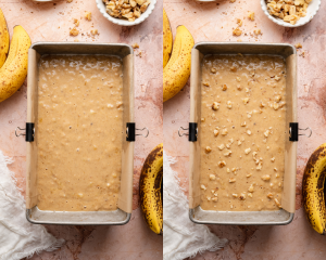 Side-by-side image of pouring the banana bread batter into a lined-loaf pan then topping with extra chopped walnuts.