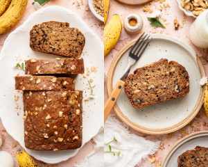 Side-by-side image of slicing the healthy banana bread loaf then serving on slice on a plate with a fork.