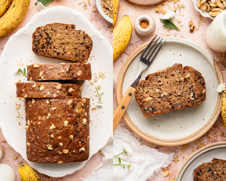 Side-by-side image of slicing the healthy banana bread loaf then serving on slice on a plate with a fork.