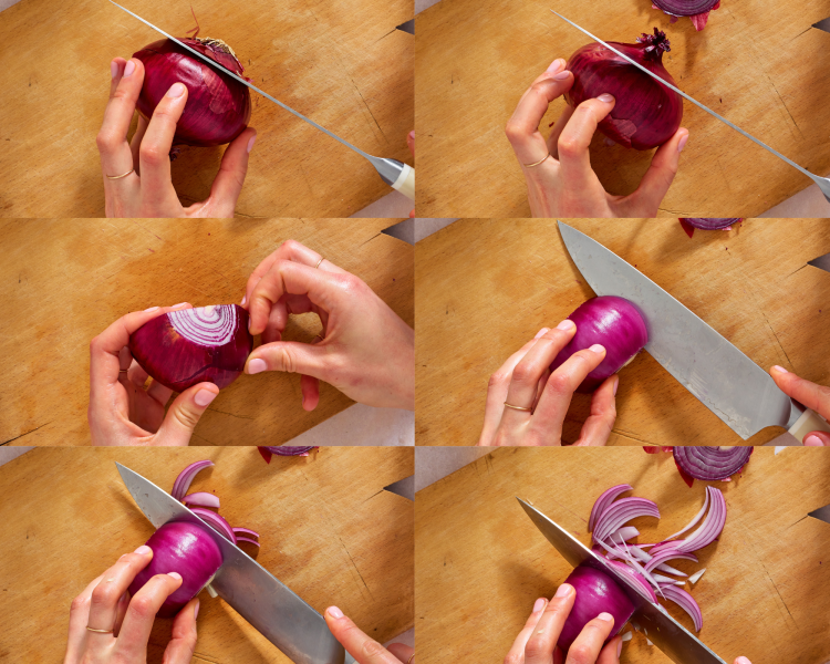 Six images showing step-by-step how to julienne an onion.