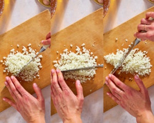 Three images showing how to mince an onion after dicing.