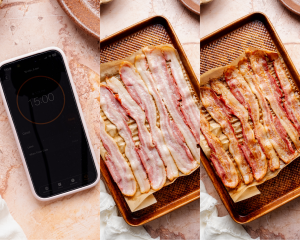 Three images showing a phone with a time set for 15 minutes and then the bacon during halfway through cooking and then at the end.