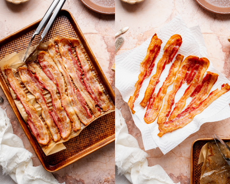 Side-by-side images of removing the bacon from the baking tray with tongs and laying it on a paper-towel lined plate to soak up the extra grease.
