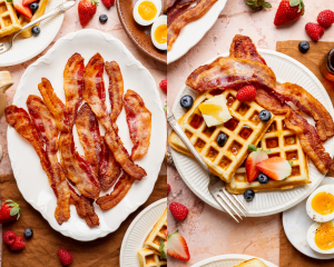 Side-by-side image of bacon plated on a white serving plate then on a plate wit buttermilk waffles.