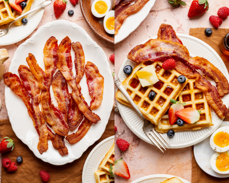 Side-by-side image of bacon plated on a white serving plate then on a plate wit buttermilk waffles.