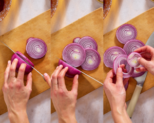 Three images showing how to slice the onion into rings.