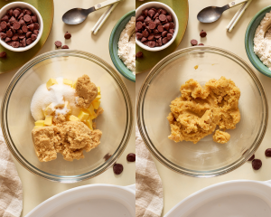 Side-by-side image of beating the cold butter and sugars together.