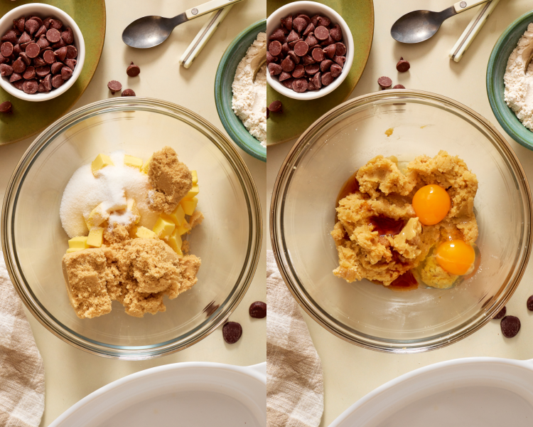 Side-by-side image of mixing all the wet ingredients together first.