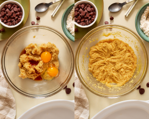 Side-by-side image of adding the vanilla and eggs to the butter and sugar.