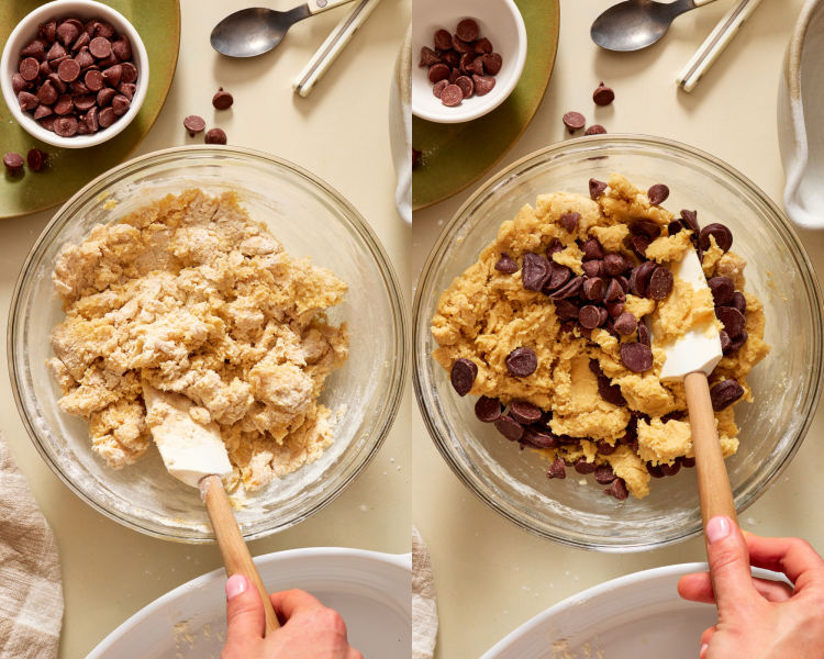 Side-by-side image of combining all the ingredients together to form cookie dough.