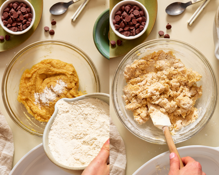 Side-by-side image of adding the dry ingredients to the wet ingredients and mixing until combined.