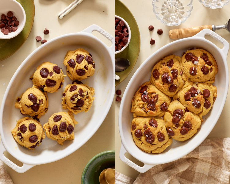 Side-by-side image of cookie dough scooped into six large cookies and placed in a baking dish then baked.