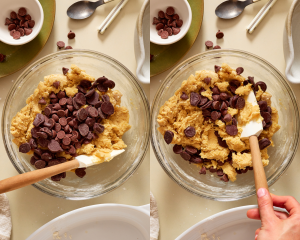 Side-by-side image of adding the chocolate to the dough and mixing together.