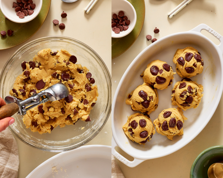 Side-by-side image of scooping cookie dough into six large cookies and placing dough balls into baking dish.