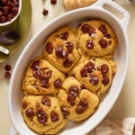 Six giant cookies baked together in a baking dish for viral "scoopable" cookie recipe.