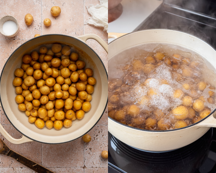Side-by-side image of boiling the potatoes in a large pot of salted water.