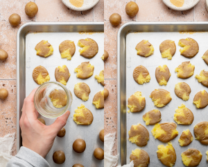 Side-by-side image of smashing to potatoes on a baking sheet with the bottom of a mason jar.