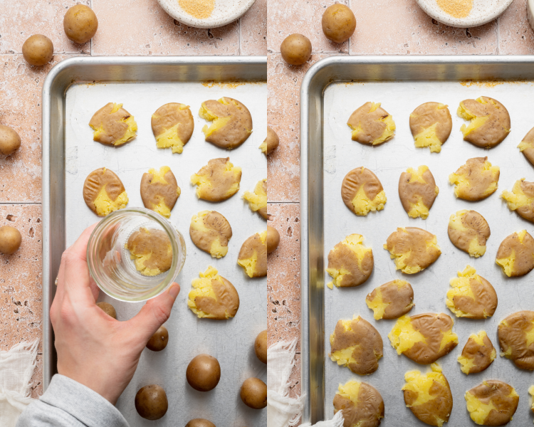 Side-by-side image of smashing to potatoes on a baking sheet with the bottom of a mason jar.