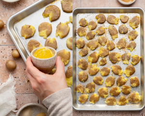 Side-by-side of adding the butter to the smashed potatoes then sprinkling with seasonings.