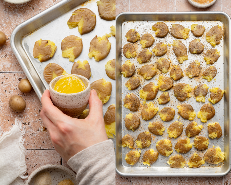 Side-by-side of adding the butter to the smashed potatoes then sprinkling with seasonings.
