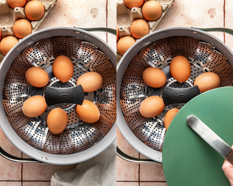 Side-by-side image of placing six eggs in a single layer in the steamer.